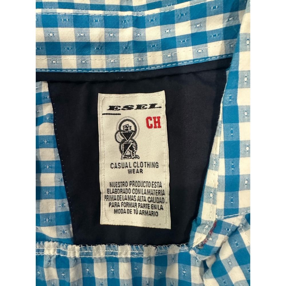 Esel Men Small Women Large Blue White Gingham Check Dobby Button Down Shirt - Picture 4 of 7